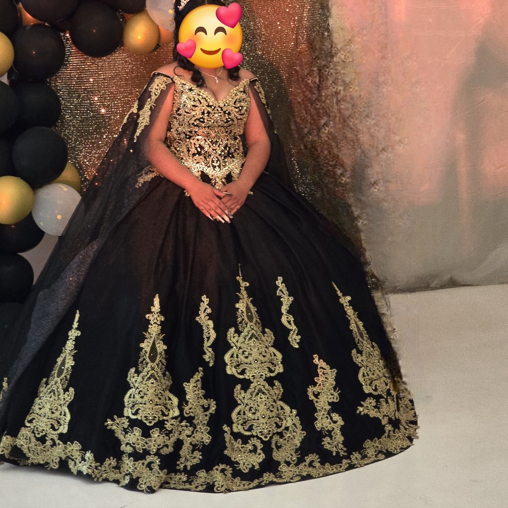 Prom Wedding Quinceañera Black Gold Ball Gown Iridescent gems detachable cape - Picture 6 of 10